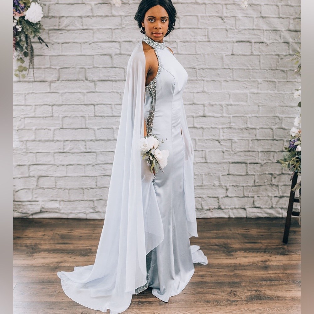 Blue fitted satin gown with chiffon cape and sheer beaded side seams- size 6